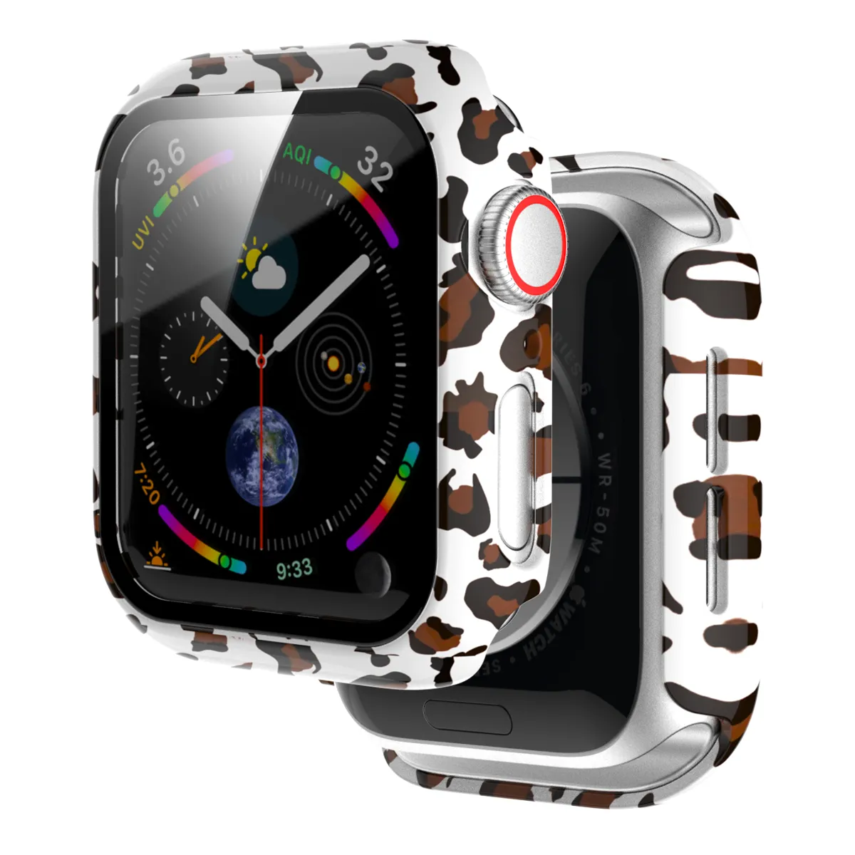 Full Coverage Guard Apple Watch PC Hard Case with Glass (White Leopard)