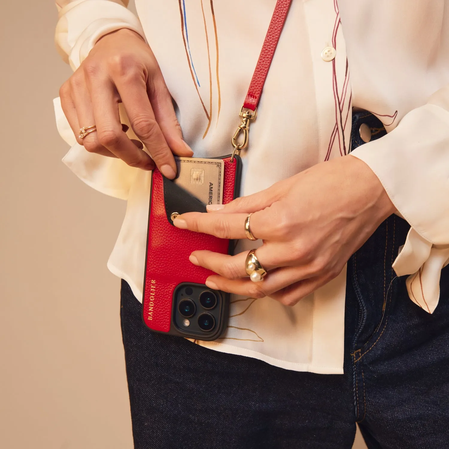 Clear View Cushioned Edge Emma Pebble Leather Crossbody Bandolier - Red/Gold
