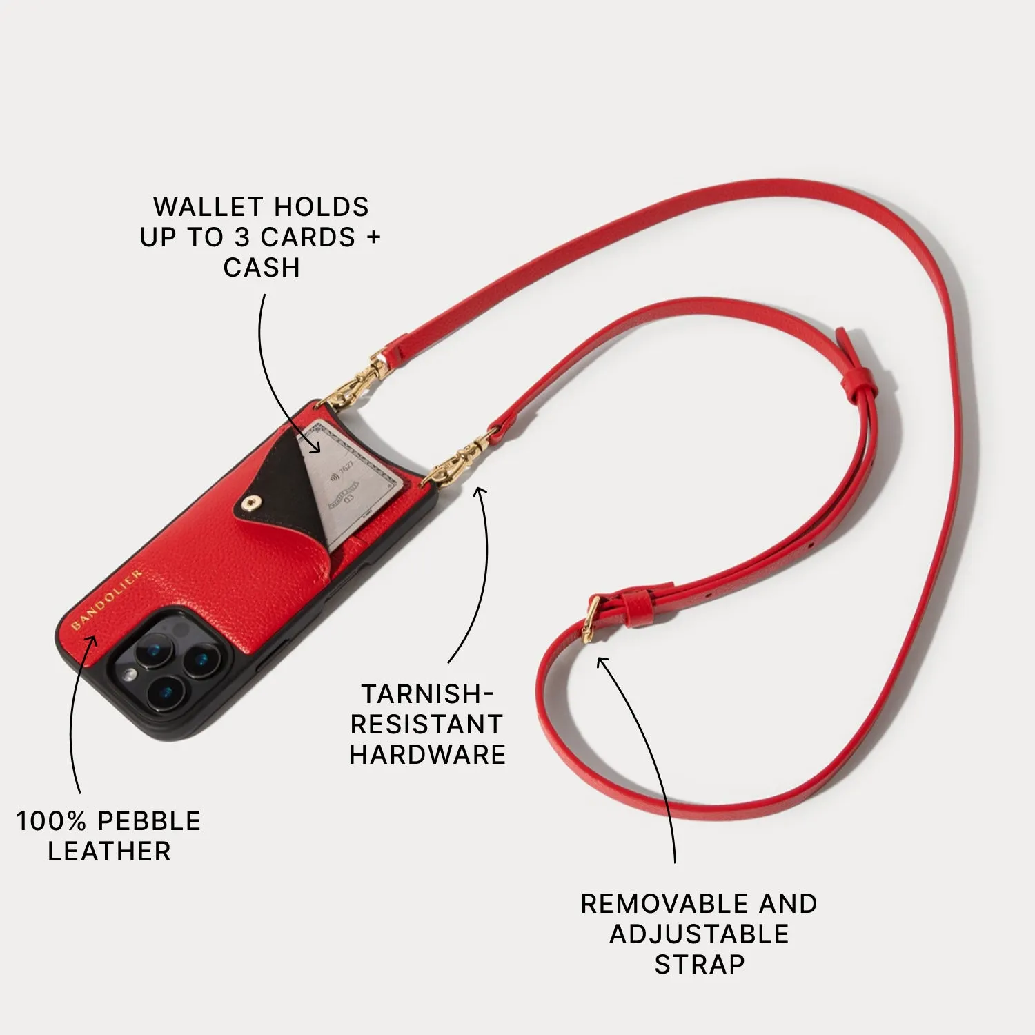 Emma Pebble Leather Crossbody Bandolier - Red/Gold Comfort Finish Layer Modern Texture