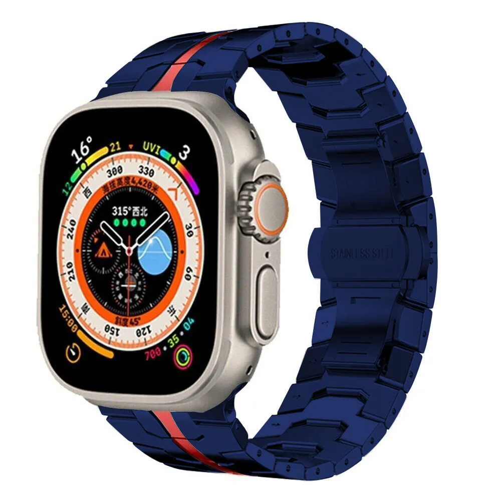 Rugged Comfort Stylish Appeal Apple Watch Steel Iron Strap (Blue/Red)