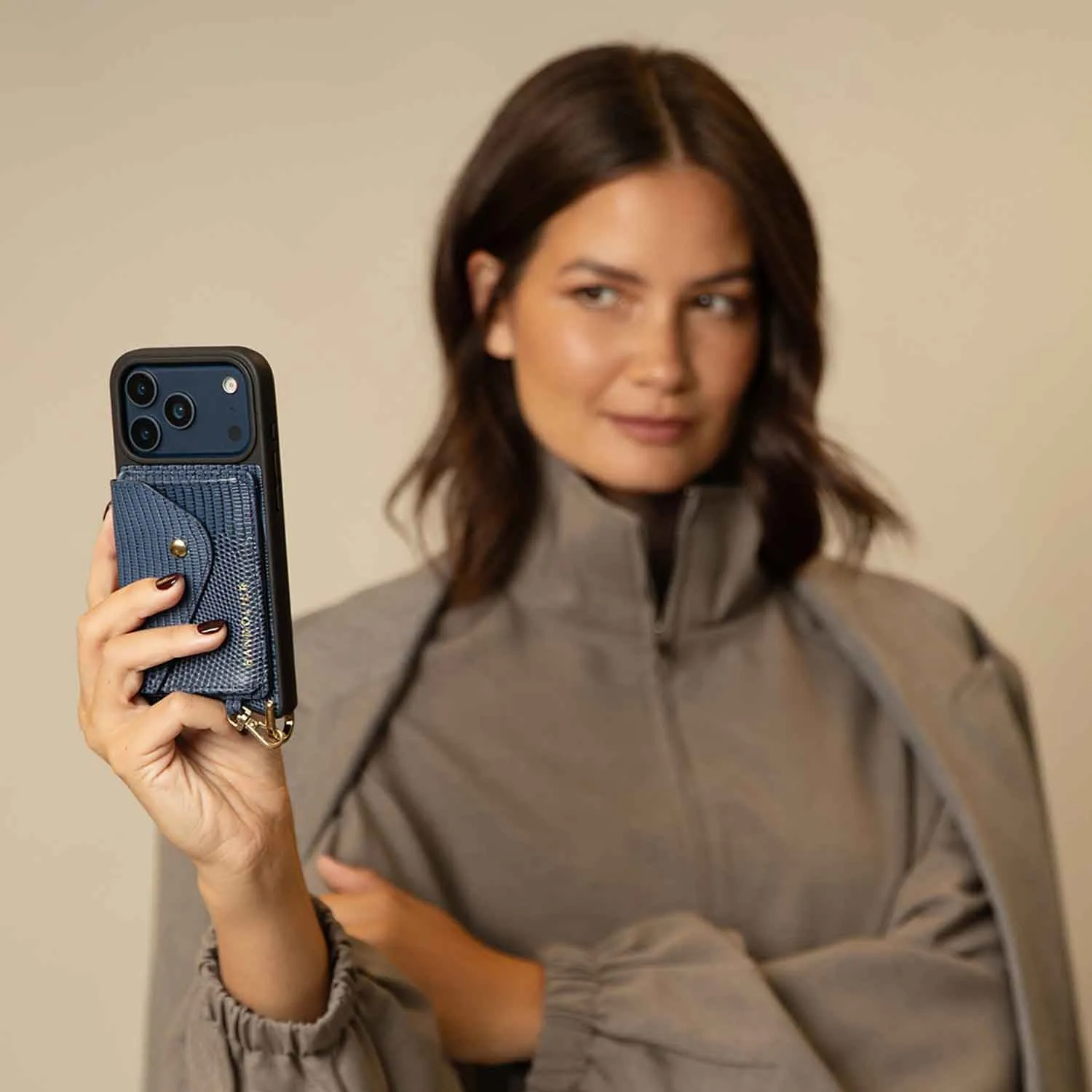 Magnetic Mount Compatible Tactile Feel Remi Magnet Wallet Crossbody Phone Case - Indigo/Gold