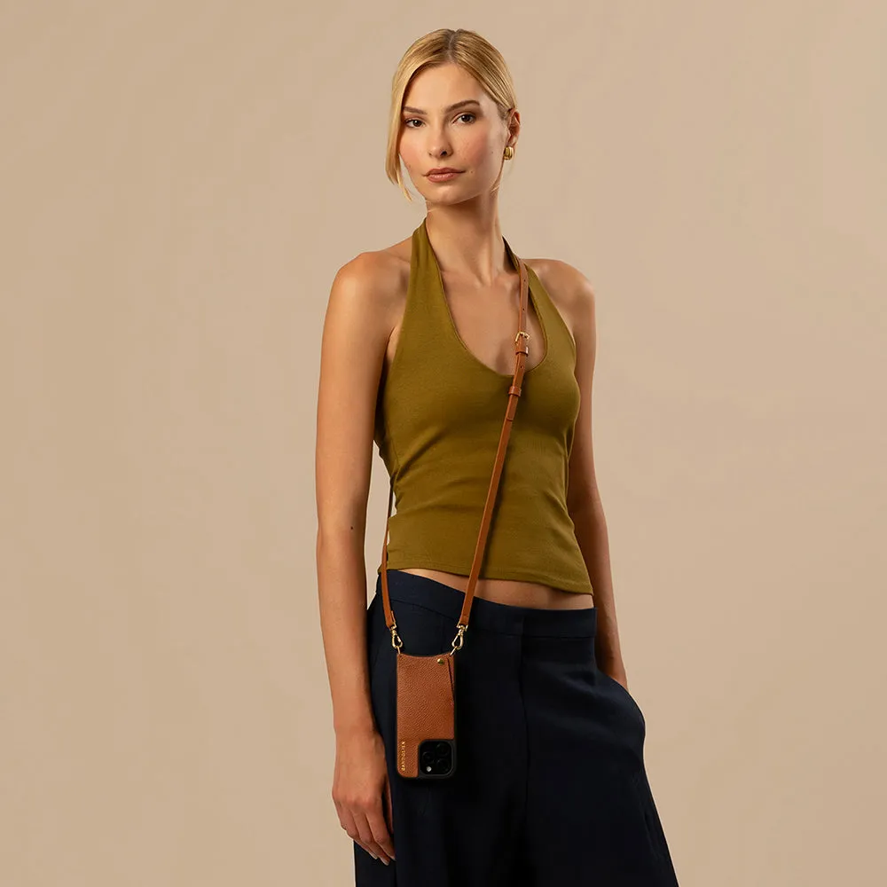 Emma Pebble Leather Crossbody Bandolier - Sienna/Gold Matte Feel Texture Sleek Detail