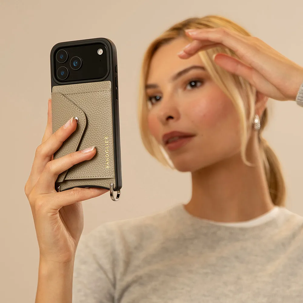 Hailey Side Slot Leather Crossbody Bandolier - Greige/Silver Luxury Pattern Hybrid Form