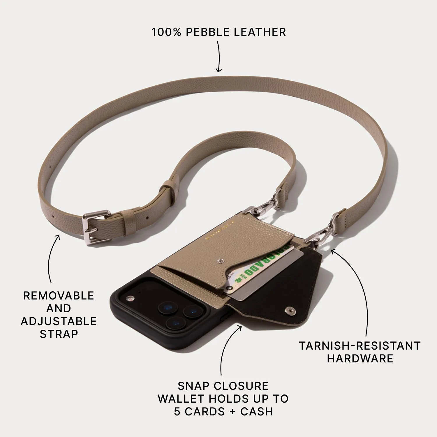 Hailey Side Slot Leather Crossbody Bandolier - Greige/Silver Premium Feel Layer