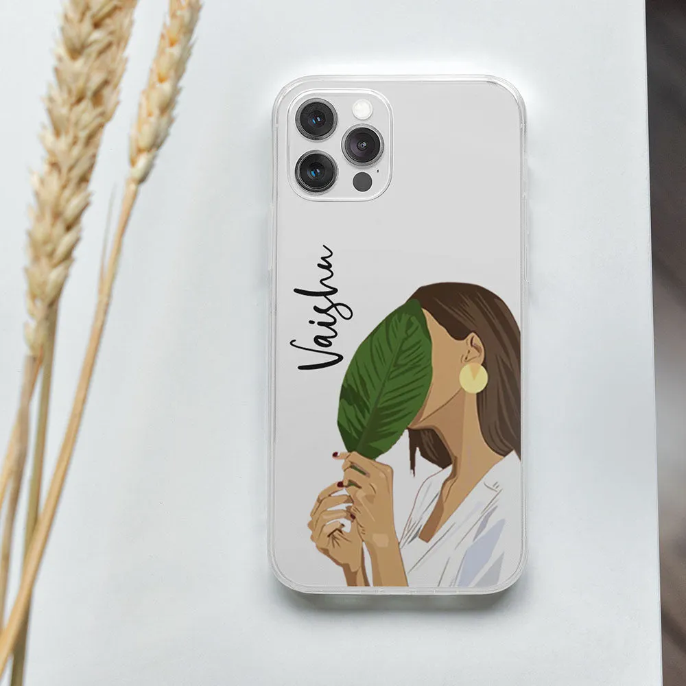 Transparent Silicone case with Green Leaf printed Cute girl Travel Companion Comfort Texture Layer