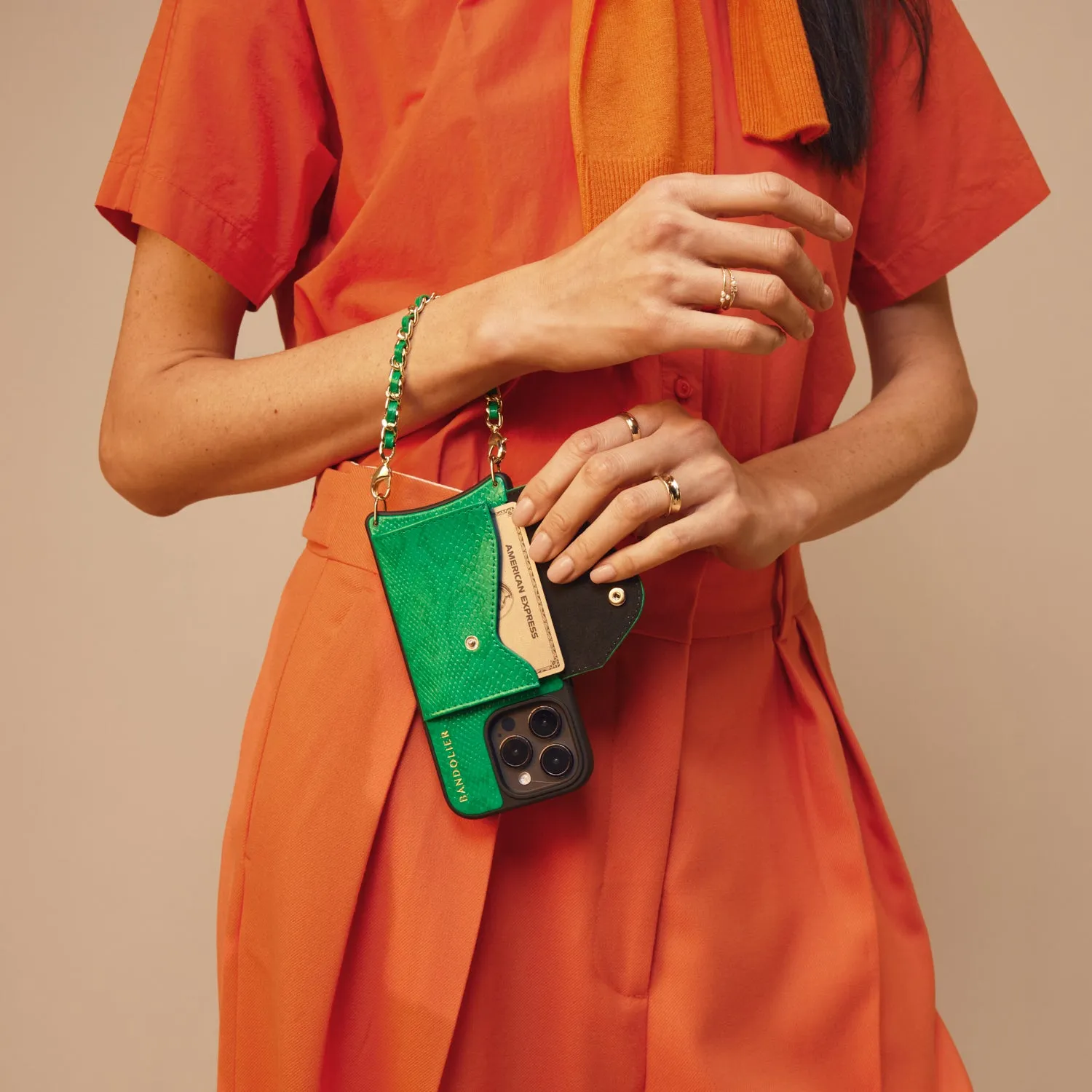 Strong Frame Minimal Build Texture Lily Crossbody iPhone Case Set - Green Snake/Gold