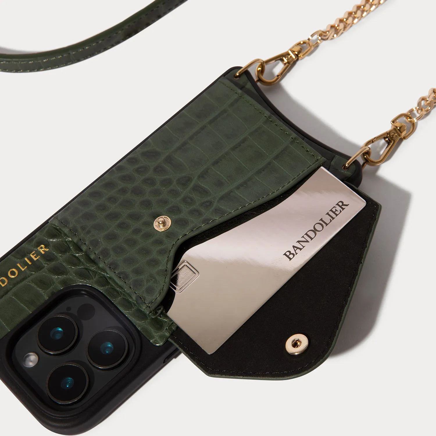 Vivian Crossbody Phone Case - Dark Green Croc/Gold Protective Form