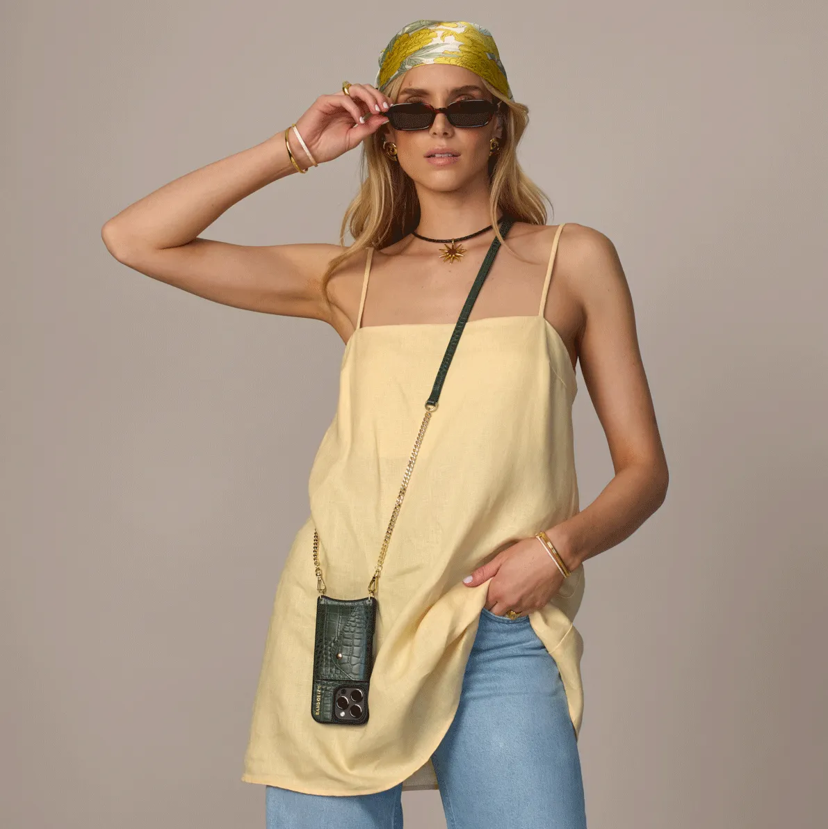 Vivian Crossbody Phone Case - Dark Green Croc/Gold Bold colors Anti Shock